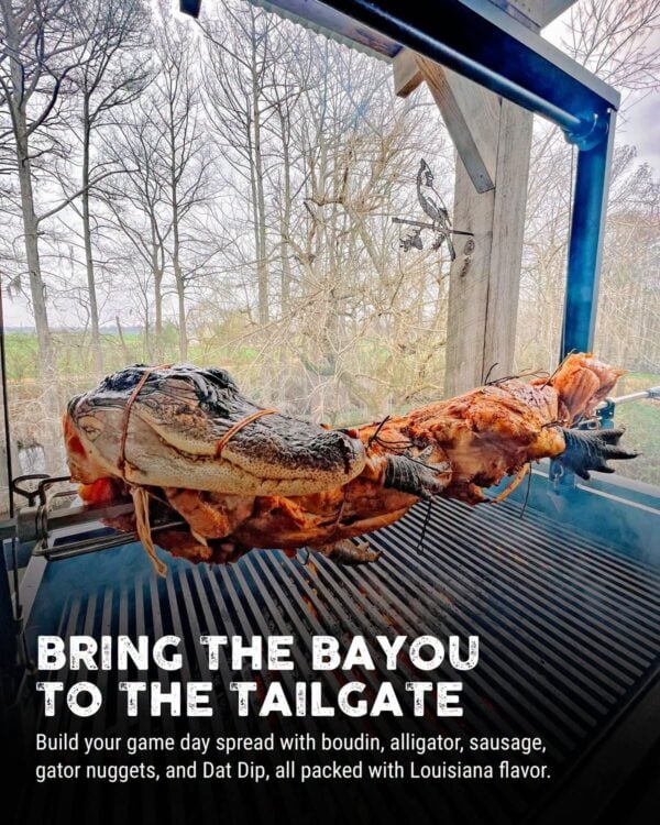 whole skinned alligator on grill A whole skinned Louisiana alligator roasting on a rotisserie grill.