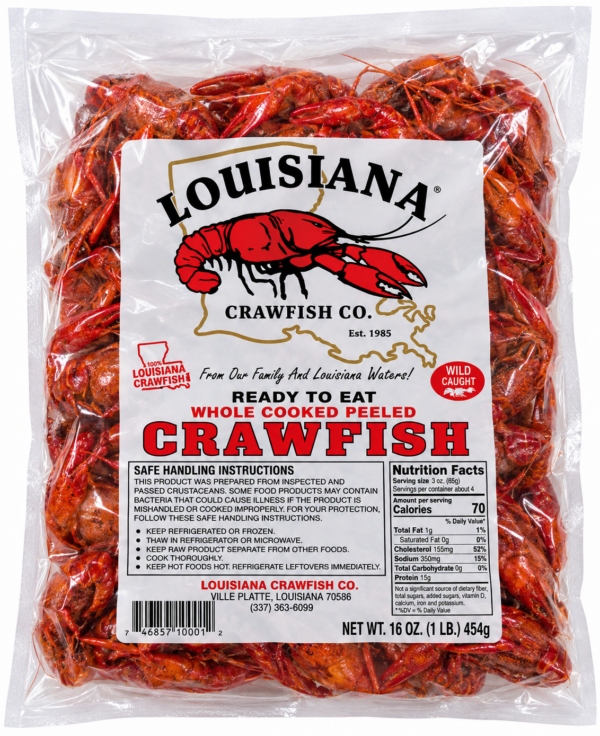 LA Crawfish Co whole boiled crawfish front A 30 lb Boiled Crawfish Special in a plastic bag with a nutrition and cooking instruction label.