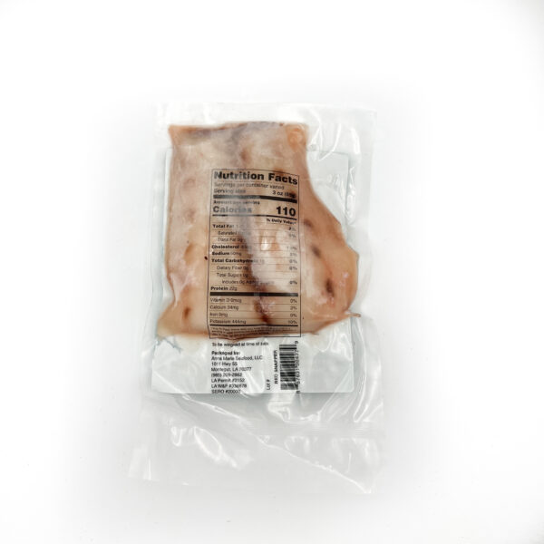 Red Snapper - 2 Portions (back) Two vacuum-sealed Anna Marie red snapper fillets with a nutrition facts label.