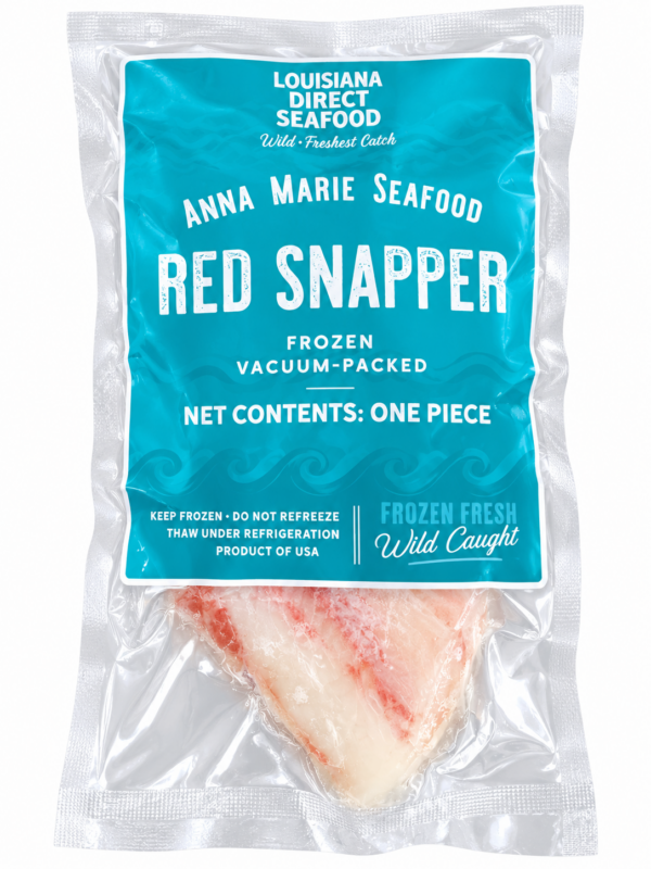 red snapper front Two vacuum-packed Anna Marie Red Snapper fillets in plastic packaging with a blue product label.