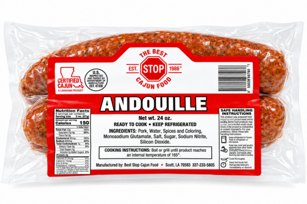 Two links of The Best Stop Smoked Andouille sausage in a vacuum-sealed package with a nutritional label.