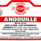 Nutrition label for The Best Stop Smoked Andouille sausage, including ingredients and cooking instructions.