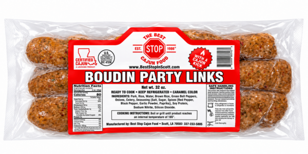 A plastic package of six The Best Stop Original Boudin Party Links with a label showing ingredients and instructions.
