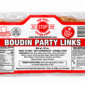 A plastic package of six The Best Stop Original Boudin Party Links with a label showing ingredients and instructions.