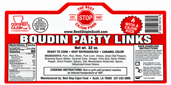 the best stop boudin party links label Product label for The Best Stop Original Boudin Party Links, featuring nutrition, ingredients, and cooking directions.