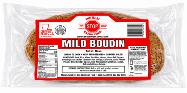 A vacuum-sealed link of The Best Stop mild boudin sausage featuring a large red and white label.