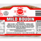 A vacuum-sealed link of The Best Stop mild boudin sausage featuring a large red and white label.