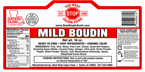 the best stop mild boudin label The Best Stop Mild Boudin package label featuring nutritional facts, ingredients, and cooking instructions.