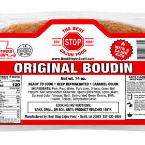 Vacuum-sealed The Best Stop Original Boudin, featuring a red label with nutrition facts and cooking instructions.