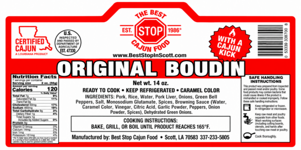 the best stop original boudin label Product label for The Best Stop Original Boudin, detailing nutrition facts, ingredients, and cooking instructions.