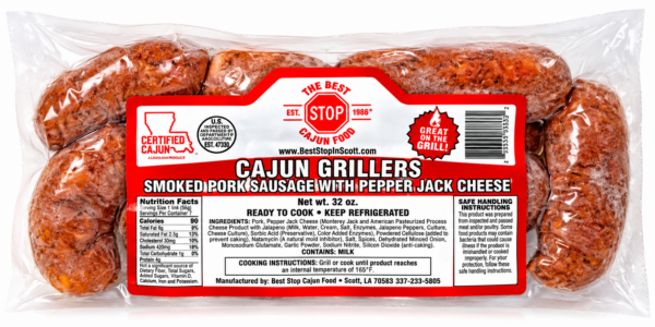 the best stop pepper jack grillers front A package of six The Best Stop Smoked Pepper Jack Grillers, featuring raw pork sausages with visible cheese pieces.
