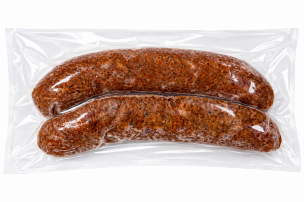 the best stop smoked boudin back Two links of The Best Stop Smoked Boudin in a clear plastic package.