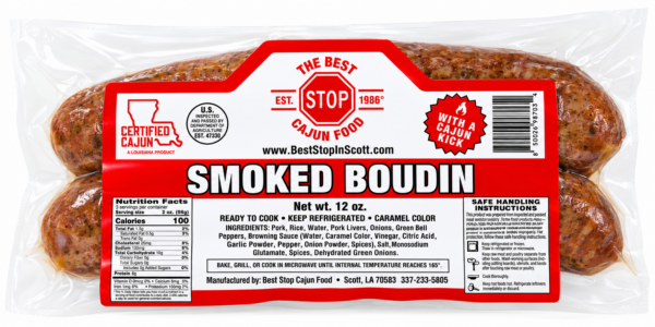 Two links of The Best Stop Smoked Boudin in clear plastic packaging with a large red and white nutrition label.