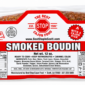 Two links of The Best Stop Smoked Boudin in clear plastic packaging with a large red and white nutrition label.