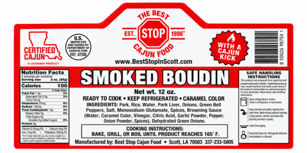 the best stop smoked boudin label A food label for The Best Stop Smoked Boudin showing nutrition facts, ingredients, cooking instructions, and a barcode.
