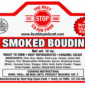 A food label for The Best Stop Smoked Boudin showing nutrition facts, ingredients, cooking instructions, and a barcode.