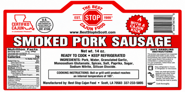 the best stop smoked pork sauage label The Best Stop Smoked Pork Sausage label featuring nutrition facts, ingredients, and safe handling instructions.