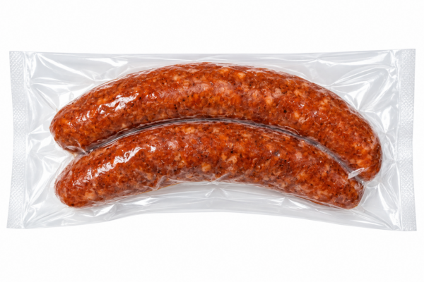 the best stop smoked pork sausage back Two links of The Best Stop smoked pork sausage, vacuum-sealed in a clear plastic package.