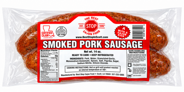 A link of The Best Stop Smoked Pork Sausage in a clear plastic package with a red label showing ingredients.