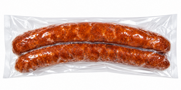 the best stop smoked pork sausage garlic back Two vacuum-sealed links of The Best Stop smoked pork sausage with garlic.