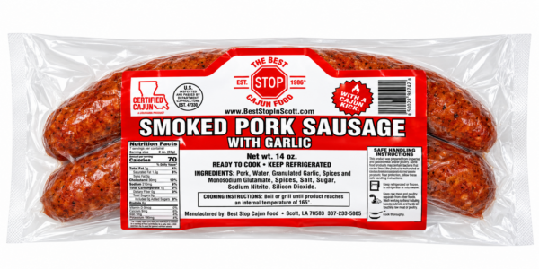 Packaged The Best Stop Smoked Pork Sausage with Garlic, featuring a label with nutritional facts and ingredients.