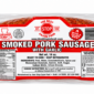 Packaged The Best Stop Smoked Pork Sausage with Garlic, featuring a label with nutritional facts and ingredients.