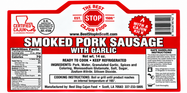 the best stop smoked pork sausage garlic label Product label for The Best Stop Smoked Pork Sausage with Garlic, including nutrition, ingredients, and instructions.