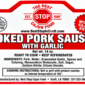 Product label for The Best Stop Smoked Pork Sausage with Garlic, including nutrition, ingredients, and instructions.