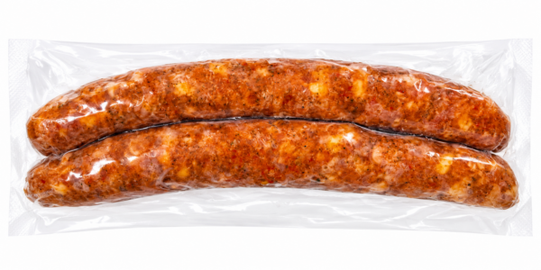 the best stop smoked pork sausage with PJC back Two vacuum-sealed links of The Best Stop Smoked Pork Sausage with visible Pepper Jack cheese and spices.