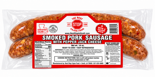 the best stop smoked pork sausage with PJC front Two links of The Best Stop Smoked Pork Sausage with Pepper Jack in a sealed, labeled plastic package.