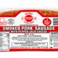 Two links of The Best Stop Smoked Pork Sausage with Pepper Jack in a sealed, labeled plastic package.