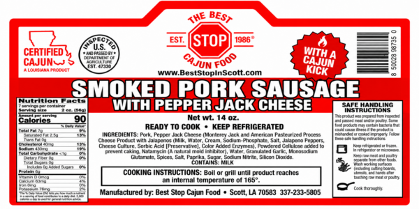 the best stop smoked pork sausage with PJC label The Best Stop Smoked Pork Sausage with Pepper Jack label, showing nutrition facts, ingredients, and cooking steps.
