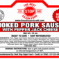 The Best Stop Smoked Pork Sausage with Pepper Jack label, showing nutrition facts, ingredients, and cooking steps.