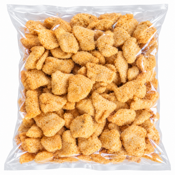 alligator nuggets 4 lb back A 4 lb clear plastic bag filled with breaded, golden-brown alligator nuggets.