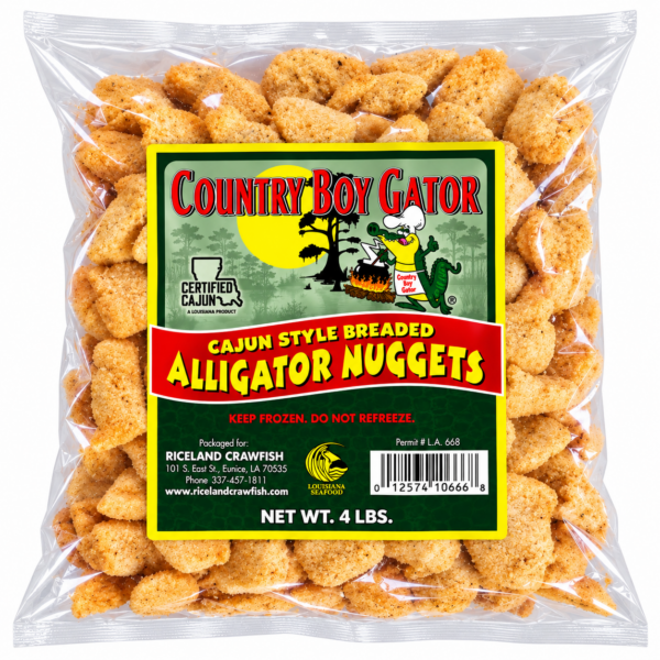 Clear plastic bag of 4 lb Alligator Nuggets, featuring golden-brown nuggets and a label with an alligator mascot.