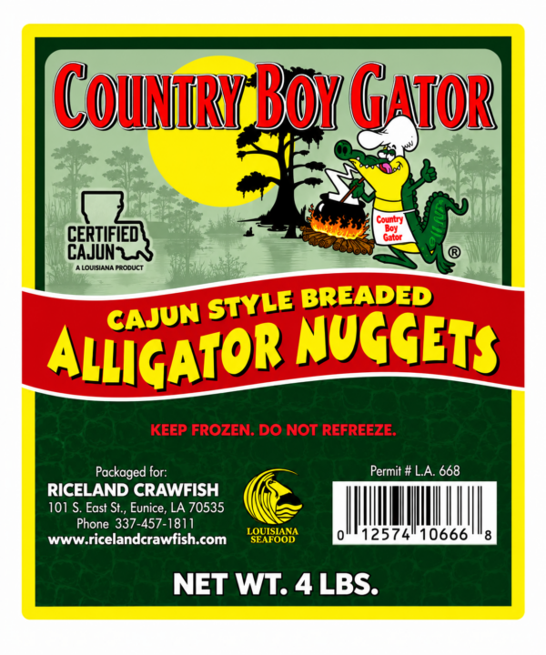 alligator nuggets 4 lb label Product label for 4 lb Alligator Nuggets showing a cartoon alligator cooking meat over a campfire.