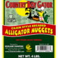 Product label for 4 lb Alligator Nuggets showing a cartoon alligator cooking meat over a campfire.