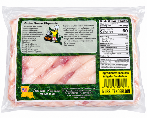 alligator tenderloin 5 lb back Five pounds of alligator tenderloin in a vacuum-sealed package, featuring a nutrition label and included recipe.