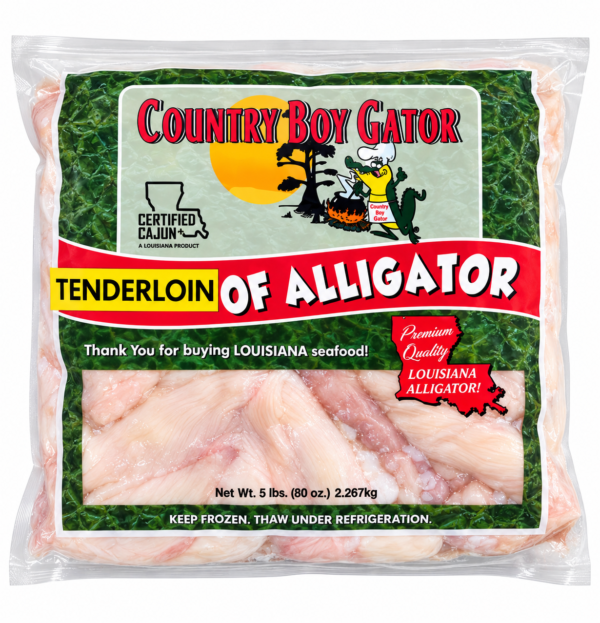 Five pounds of raw alligator tenderloin in a sealed, branded plastic package.