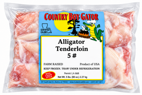 Five pounds of alligator tenderloin in vacuum-sealed packaging with a product label.