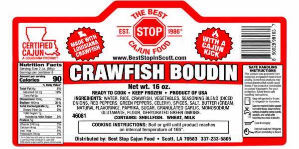 the best stop crawfish boudin label Product label for The Best Stop Crawfish Boudin showing nutrition facts, ingredients, and cooking instructions.