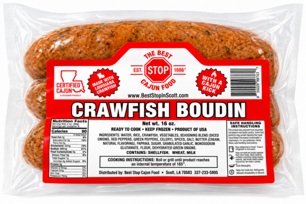 Four links of The Best Stop Crawfish Boudin in vacuum-sealed plastic packaging with a large product label.