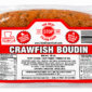 Four links of The Best Stop Crawfish Boudin in vacuum-sealed plastic packaging with a large product label.