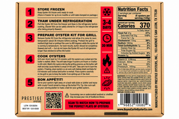bayou carlin oyster kit cajun bbq butter dozen back Grilled Oyster Kit box in Cajun BBQ Butter (1 dozen), featuring five prep steps, nutrition facts, and a QR code.