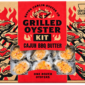 A dozen Grilled Oyster Kits with Cajun BBQ Butter, packaged in a box illustrated with flames and grills.