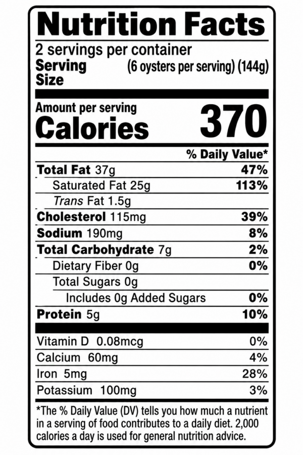 bayou carlin oyster kit cajun bbq butter dozen nutrition Nutrition Facts label for Cajun BBQ Butter Grilled Oyster Kit (1 dozen), showing 370 calories per serving.