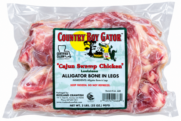 Two pounds of raw, bone-in alligator legs, non-marinated and sealed in a plastic bag with a product label.