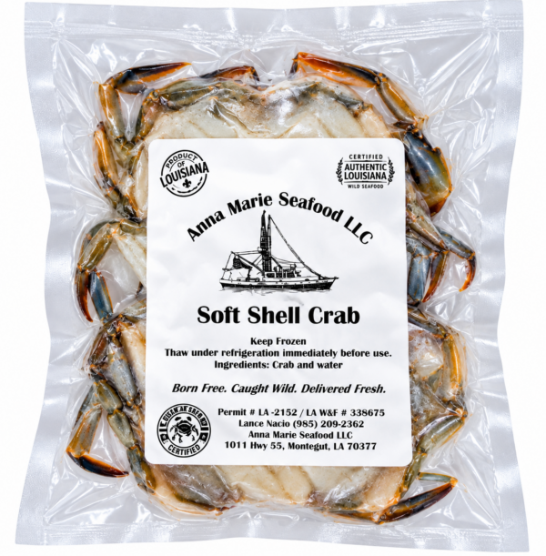 Two medium Anna Marie soft shell crabs vacuum-sealed in a clear plastic bag with a product label.
