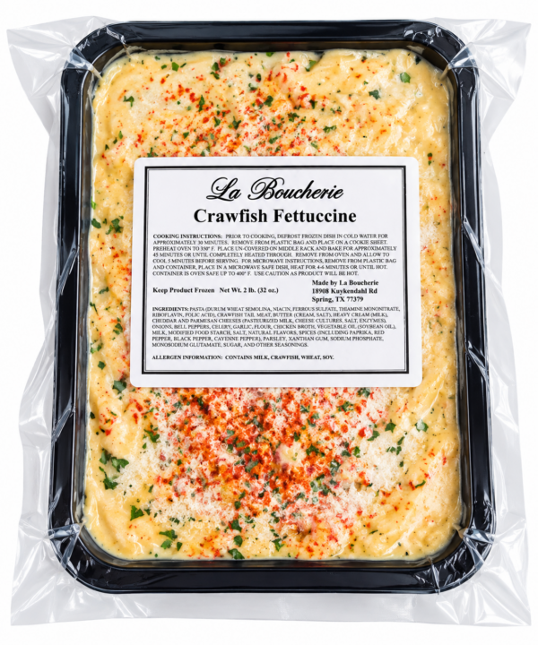 la boucherie crawfish fetuccini front A plastic-wrapped black tray of La Boucherie 2 lb Crawfish Fettuccine side dish with a central informational label.