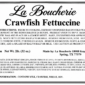 Product label for La Boucherie 2 lb Crawfish Fettuccine showing cooking instructions, ingredients, and allergens.
